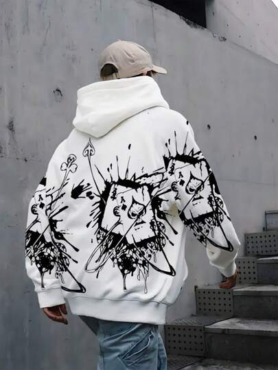 Plus Size Men's 3D Skull Playing Card Print Front Drawstring Loose Fit Pullover Sweatshirt, For Fall, Long Sleeve Top