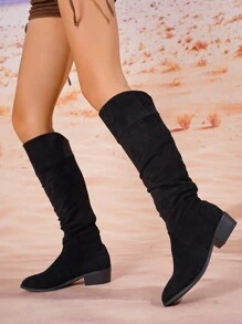 Women's Fashionable Faux Suede Pointed Toe Long Boots, Wrinkle Design Over-The-Knee Boots, Simple Chic Cool Versatile Fashion Boots With Low Chunky Heel, Suitable For All Seasons