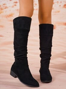 Women's Fashionable Faux Suede Pointed Toe Long Boots, Wrinkle Design Over-The-Knee Boots, Simple Chic Cool Versatile Fashion Boots With Low Chunky Heel, Suitable For All Seasons