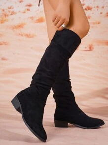 Women's Fashionable Faux Suede Pointed Toe Long Boots, Wrinkle Design Over-The-Knee Boots, Simple Chic Cool Versatile Fashion Boots With Low Chunky Heel, Suitable For All Seasons