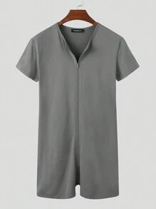 INCERUN Mens Short Sleeve Zip Up Leotards Jumpsuits Rompers Underwear Playsuits Bodysuits Nightwear Loungewear Onepieces - Grey - View 2