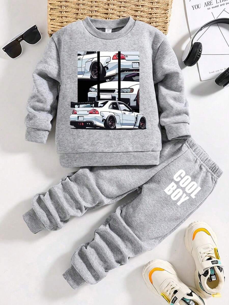 Young Boy Car Pattern Print Warm Crew Neck Sweatshirt And Pants Set