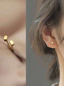 1 对简约 S925 纯银方形耳钉，适合女性、朋友和情侣的珠宝礼物，日常佩戴 - 方塊 - 查看 2