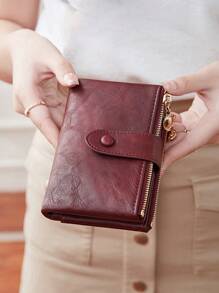MIYIN 复古纽扣开合钱包 商务休闲 多卡位 零钱包 便携 三折设计 短款钱包 复古风格拉链钱包 时尚纽扣开合 女士钱包 适合日常外出购物 女士钱包 钱包 小钱包 - 酒紅色 - 查看 10