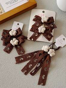 2 件装棕色巧克力花心镂空蝴蝶结针织发带马尾辫夹，适合儿童，秋冬季 - 花朵愛心鏤空蝴蝶結髮圈 - 查看 5