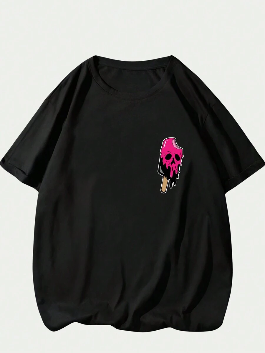 Popsicle Ghost Printed T-Shirt Men's Short Sleeve Comfort Streetwear Unisex Top - màu đen - Xem 1