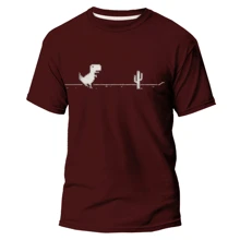 100% COTTON UNISEX T-SHIRT DINOSAUR T-REX GAME OFFLINE - 酒紅色 - 查看 1