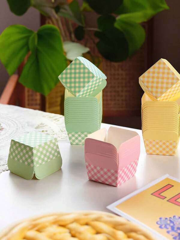 25/50 unidades Envolturas para magdalenas impresas a cuadros en colores surtidos, moldes, herramientas de repostería, utensilios de cocina, accesorios de cocina