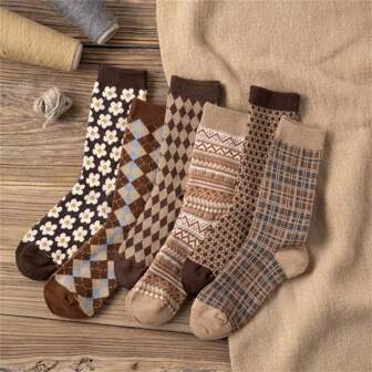 1/3 Pairs Vintage Mid-Calf Socks For Women, Japanese Style Mid-Calf Socks, Retro Argyle Pattern Socks [Style & Color Random]