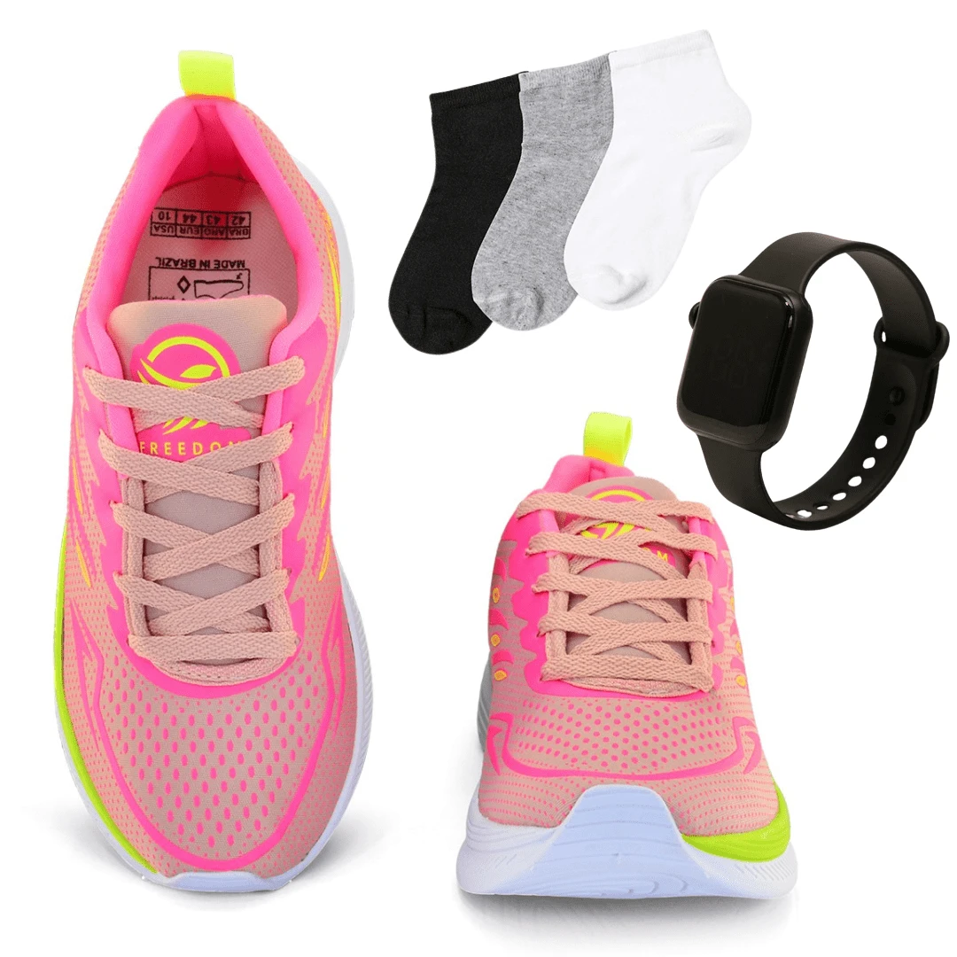 Bodybuilding Kit Women's Tennis Shoes + Watch + SOCKS Gym Running Walking Sports Training Work - 玫瑰/檸檬 - 查看 1