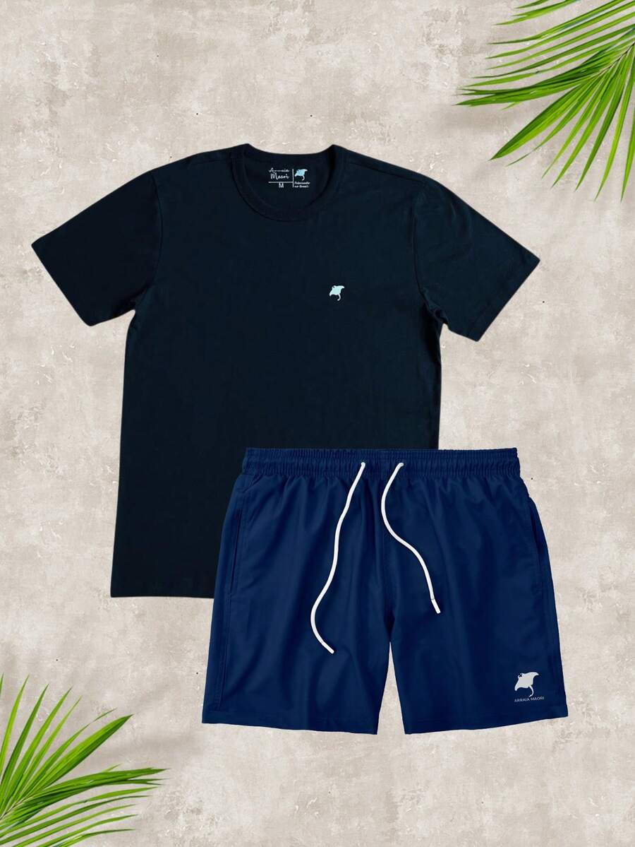 Men's Set: Classic Black Basic T-Shirt And Casual Elastane Shorts - 黑色/海軍藍 - 查看 1