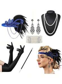 D EXCEED 6 件 20 世纪 20 年代女式飞来波女郎了不起的盖茨比配饰套装咆哮的 20 年代主题复古时尚派对查尔斯顿化装舞会万圣节装饰礼物化妆舞会角色扮演带人造羽毛头带舞会 - 多色 - 查看 21