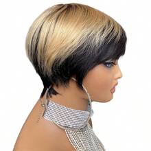 Perruque à coupe pixie courte de 6 pouces 100% cheveux humains pour femmes, cheveux en couches avec frange, perruque à coupe entièrement réalisée à la machine