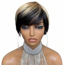 Perruque à coupe pixie courte de 6 pouces 100% cheveux humains pour femmes, cheveux en couches avec frange, perruque à coupe entièrement réalisée à la machine