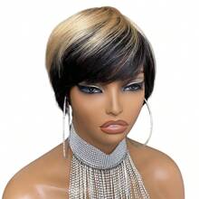 Perruque à coupe pixie courte de 6 pouces 100% cheveux humains pour femmes, cheveux en couches avec frange, perruque à coupe entièrement réalisée à la machine