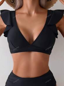 1pc Women's Solid Color Minimalist V-Neck Ruffle Bikini Top, Casual Vacation Summer