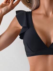 Women's Solid Color Minimalist V-Neck Flounce Bikini Top, Casual Vacation - Black - View 3