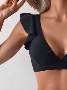 1pc Women's Solid Color Minimalist V-Neck Ruffle Bikini Top, Casual Vacation Summer