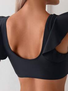 Women's Solid Color Minimalist V-Neck Flounce Bikini Top, Casual Vacation - Black - View 5