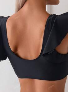 1pc Women's Solid Color Minimalist V-Neck Ruffle Bikini Top, Casual Vacation Summer
