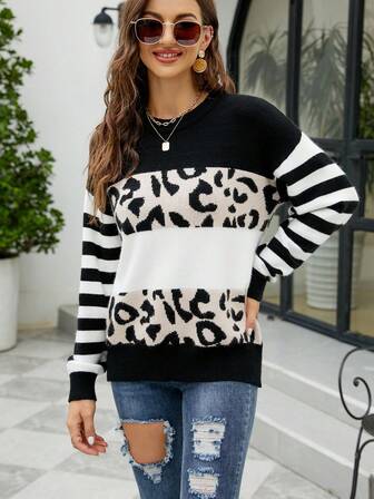 Women Leopard & Striped Pattern Color Block Crew Neck Long Sleeve Sweater