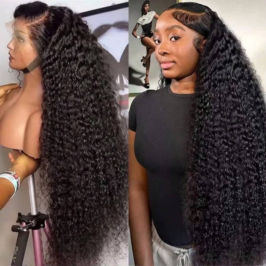 Deep Wave Lace Front Wigs Human Hair Pre Plucked With Baby Hair 13x6 HD Transparent Deep Curly Lace Frontal Human Hair Wigs For Women 200% Density - Natural Black - 查看 1