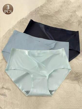 Chiloți subțiri pentru femei, 3 bucăți, sexy, de culoare solidă, slip triunghi din mătase de gheață fără sudură