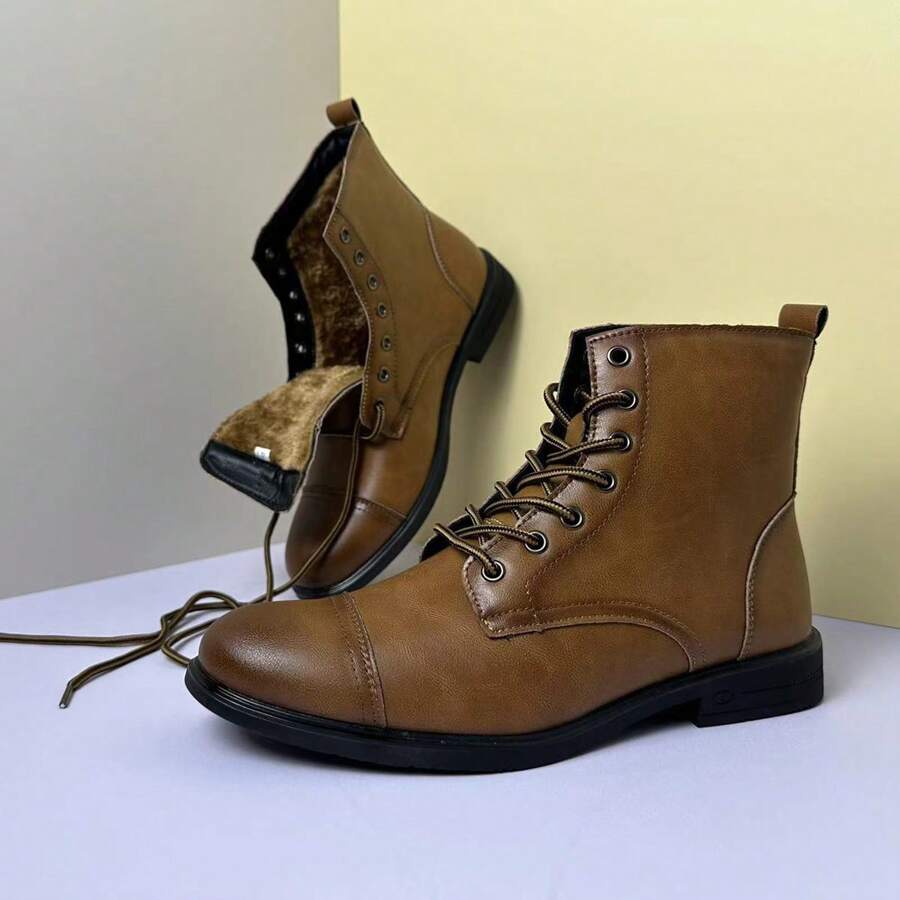 Warm Lining High-Top Boots For Men, Suitable For Motorcycle Riding And Outdoor Activities In Winter - Brown - View 1