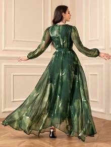 Damen V-Ausschnitt Kreuzgurt Wickelkleid mit eleganten Langärmeln (zufälliger Blume Muster), Sommer, formelles Abendkleid für Abschlussball, Hochzeitsgast, Abschlussfeier, Dinnerparty