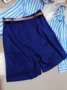 Women's Linen Shorts/Plinsaso/With Belt Loops/Knife Pocket/Comes With Belt - Màu xanh hải quân - Xem 2