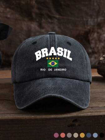 1 件装男士休闲户外时尚巴西字母印花水洗可调节棒球帽，面料柔软，适合日常佩戴