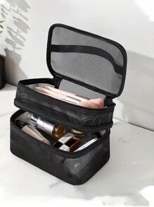 1pc Double-Layer Mesh Cosmetic Bag, Transparent Portable Organizer, Makeup Brush Holder, Popular Toiletry Bag, Cosmetics Storage Pouch, Large Capacity Multi-Compartment Design, Hand Bag, Beach Bag, Mesh Tote, Makeup Bag Makeup Travel Toiletry Organizer Clear Essentials Gifts Storage Zipper Accessories Nail Bags, Makeup Bag, Storage, Makeup Organizer