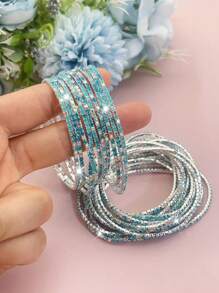 10pcs/Pack Ultra- Multi-Color Bead Tennis Bracelets With Crystal Decor For Women, Include Pink, Blue, Green, Gray, White, Purple - Bracelet Set - View 17