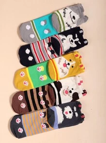 5/10 Pairs Random Design Women's Crew Socks, Cartoon Dog & Striped Ear Breathable Casual Versatile Cute Student Ankle Socks, Suitable For Daily Wear - Multicolor - View 2