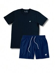Men's Set: Classic Black Basic T-Shirt And Casual Elastane Shorts - 黑色/海軍藍 - 查看 2