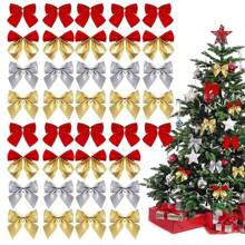 12pcs Red /Gold /Silver Christmas Bows Hanging Decorations Bowknot Christmas Tree Ornaments New Year Xmas Party Gift Decor Non-Woven Lightweight Ornaments Birthday