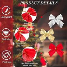 12pcs Red /Gold /Silver Christmas Bows Hanging Decorations Bowknot Christmas Tree Ornaments New Year Xmas Party Gift Decor Non-Woven Lightweight Ornaments Birthday