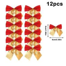 12pcs Red /Gold /Silver Christmas Bows Hanging Decorations Bowknot Christmas Tree Ornaments New Year Xmas Party Gift Decor Non-Woven Lightweight Ornaments Birthday