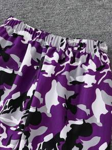 青少年女孩 3 件套春秋季服装套装：纯色连帽短款运动衫短款上衣和罗纹圆领短款吊带背心汗衫和松紧腰迷彩工装长裤，舒适柔软的青少年女孩秋季套装 - 紫色 - 查看 6