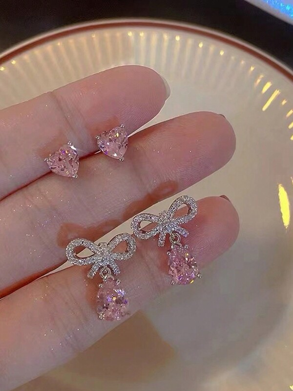 4 piezas de zarcillos colgantes de cristal rosa con moño de circonia para mujer, joyería de novia de boda y fiesta, mejor regalo para amigas, novias y esposas en el Día de San Valentín