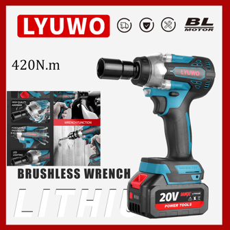 LYUWO 电动工具，420N.M 电动高扭矩扳手，20V，适用于汽车维修和舞台支架维修。可顺时针或逆时针旋转，配备用于钻孔的钻头，并带有 LED 灯。高低档可调，钻头和配件作为赠品。