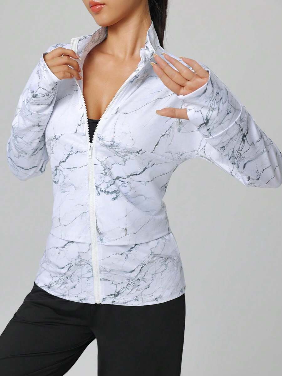 Women Casual Marble Print Long Sleeve Sports Jacket With Thumb Hole
