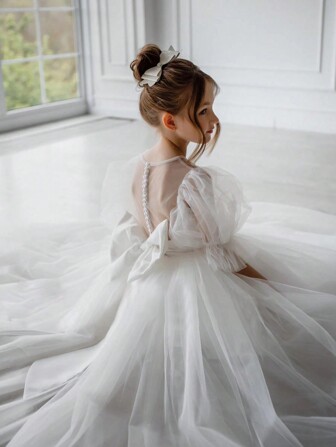 青少年女孩优雅泡泡袖露背半透明网眼覆盖公主裙，适合生日、圣诞节、派对、花童、婚礼、舞会、特殊场合