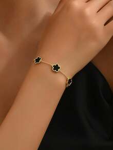 1 chiếc vòng tay cỏ bốn lá đen may mắn thời trang, phù hợp cho phụ nữ đeo hàng ngày - Vàng - Xem 10