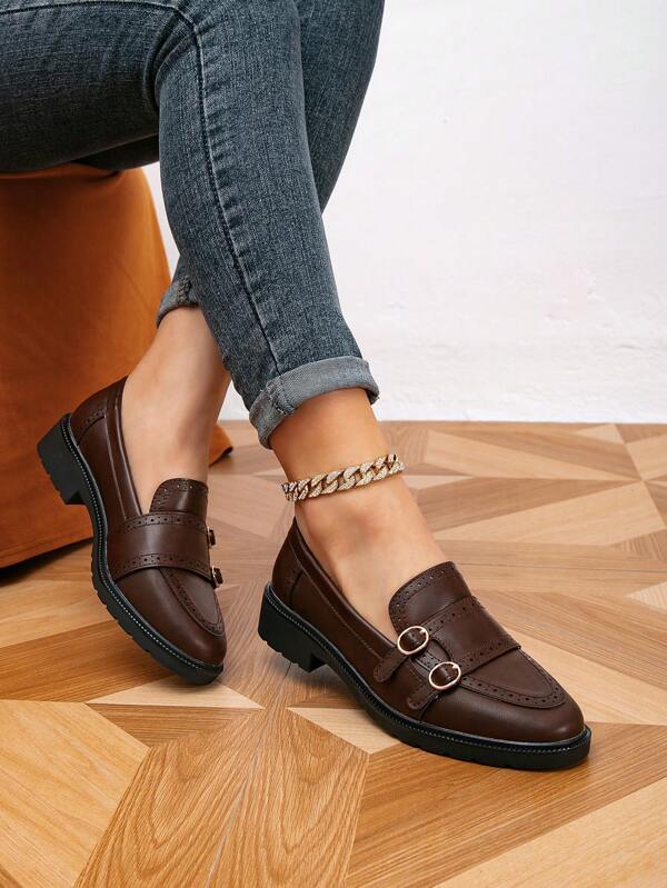 أحذية نسائية مسطحة براس دائري, حزام مقبض, ذات قاع سميك مريح رجعية كاجوال للربيع/الخريف