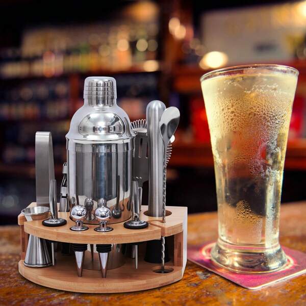 12-Teiliges hochwertiges Cocktail Shaker Set mit 11 Edelstahl-Zubehör und einem Bambusständer, 750ml Shaker, für Bar, Hausparty, Ideales Barset und Geschenk