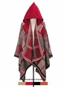 1 件几何图案休闲编织提花连帽斗篷，亚克力格子图案厚实保暖围巾披肩，适合办公室、秋冬季