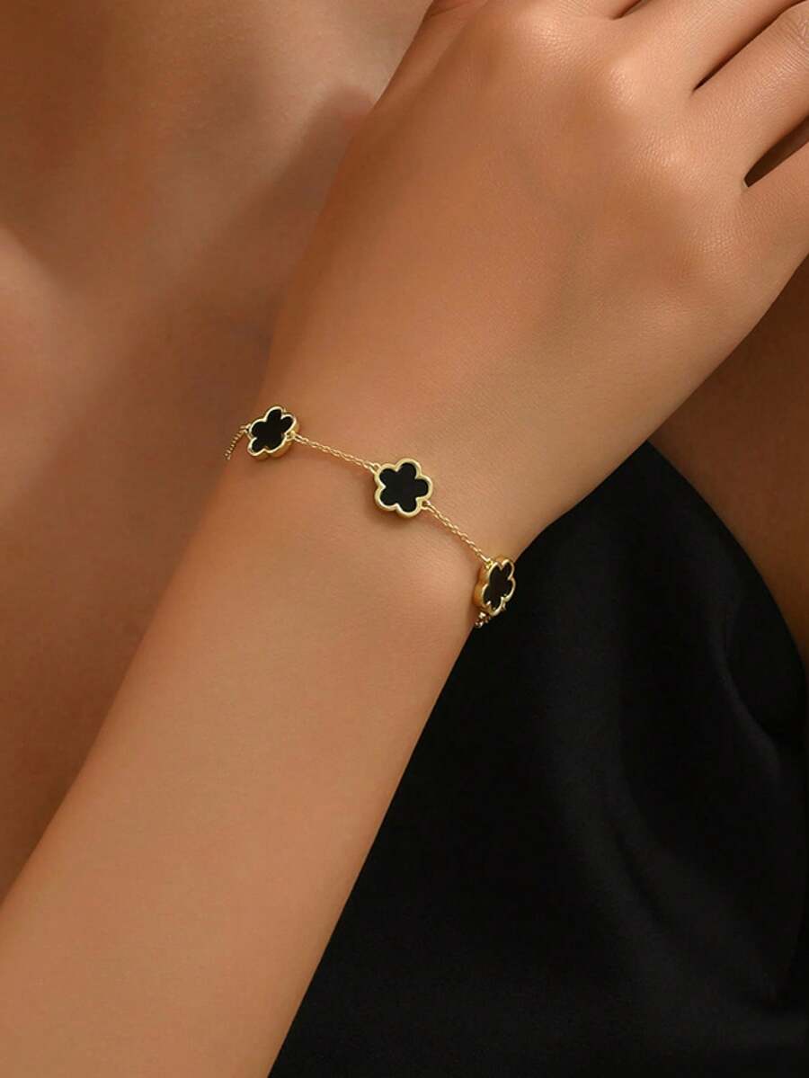 1 chiếc vòng tay cỏ bốn lá đen may mắn thời trang, phù hợp cho phụ nữ đeo hàng ngày - Vàng - Xem 1