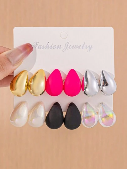 6pcs/8pcs/12pcs Fashion Metallic Water Drop Earrings Set, Gold+Silver+Black+Pink+Colorful+Pearl Earring Set