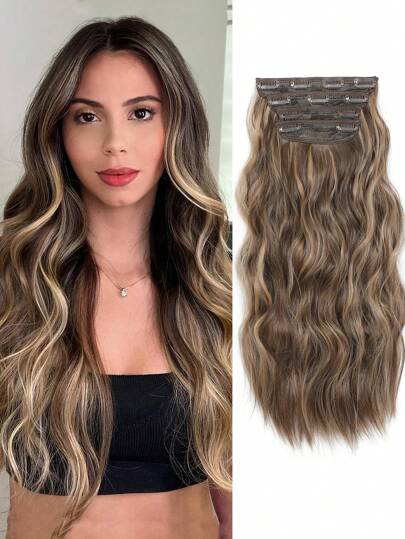Extension de cheveux synthétiques ondulés longs de 20 pouces 4 pièces avec reflets châtain clair. Extension de cheveux ondulés longs pour toute la tête à clipser. Pièces de cheveux en fibres synthétiques pour femmes